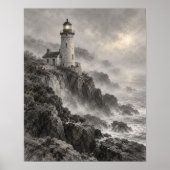 Kunstprint met vuurtoren in mist poster (Voorkant)