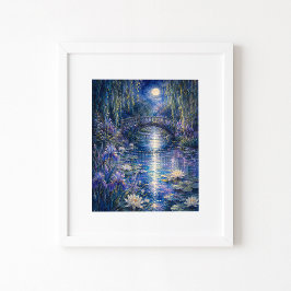 Kunstprint met waterverf van brug bij maanlicht poster