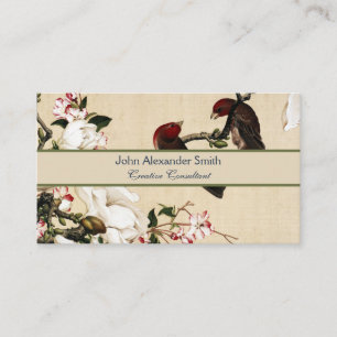 Kunstprint met witte magnolia en vogels in vintage visitekaartje
