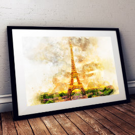 Kunstprint Paris Eiffeltoren Aquarel Zonsondergang Foto Afdruk