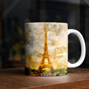 Kunstprint Paris Eiffeltoren Aquarel Zonsondergang Koffiemok