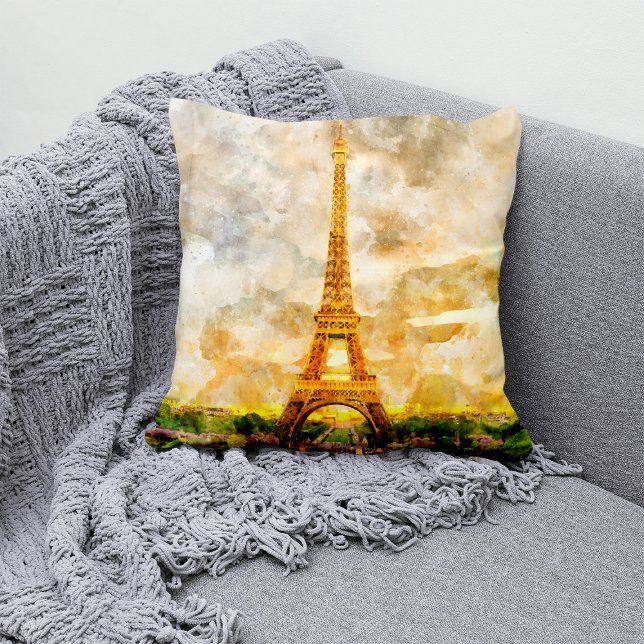 Kunstprint Paris Eiffeltoren Aquarel Zonsondergang Kussen (Paris Eiffel Tower Watercolor Sunset Art Print. Throw Pillow)