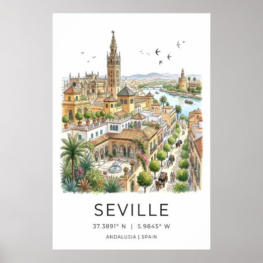 Kunstprint Sevilla Geïllustreerde Skyline met Poster (Voorkant)