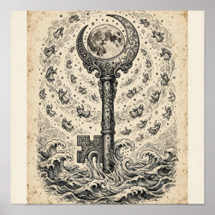 Kunstprint Sleutel van Getijden — Gotische Houtsne Poster