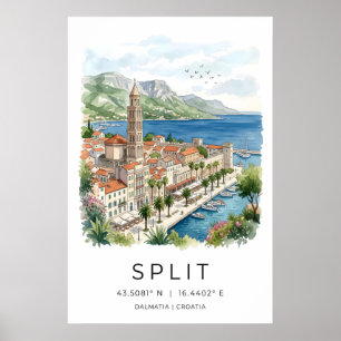 Kunstprint Split Dalmatië Aquarel Waterfront Poster