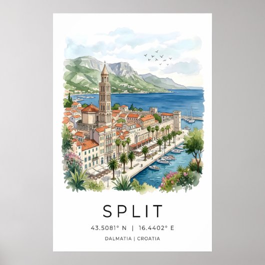 Kunstprint Split Dalmatië Aquarel Waterfront Poster (Voorkant)