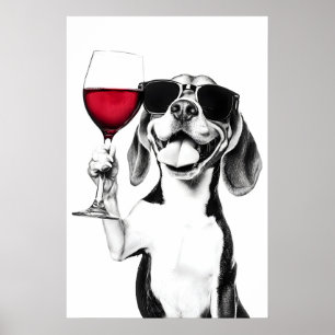 Kunstprint van Beagle die wijn drinkt, grappige ke Poster