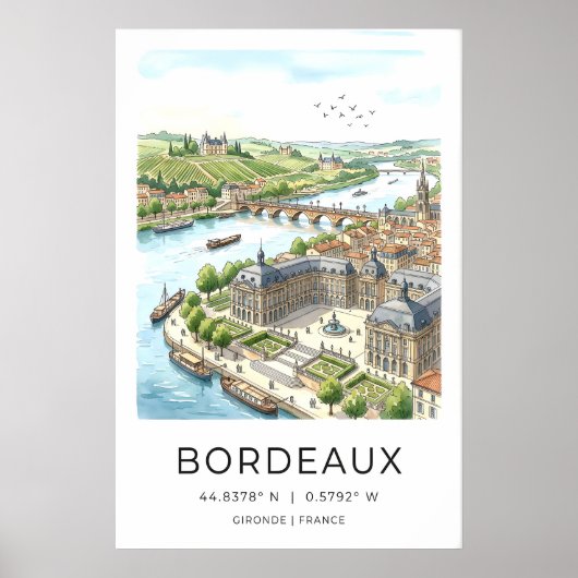 Kunstprint van de stad Bordeaux handgetekende rivi Poster (Voorkant)