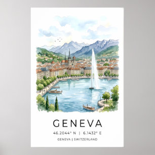 Kunstprint van de waterkant van Genève, waterverf Poster