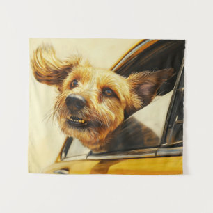 Kunstprint van een speelse hond die geniet van een wandkleed
