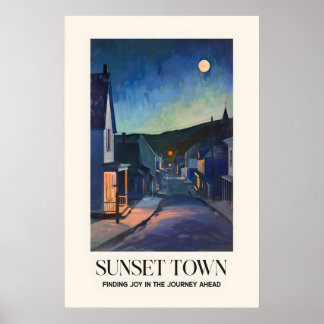 Kunstprint van een stad in het maanlicht, avondlij poster