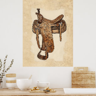 Kunstprint van een vintage leren zadel voor aan de poster
