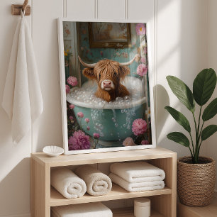 Kunstprint van Highland-koe in bloem badkuip Poster
