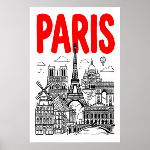 Kunstprint van Parijs in vette rode typografie met Poster