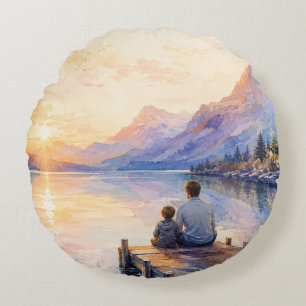 Kunstprint van vader en zoon meer aquarel rond kussen