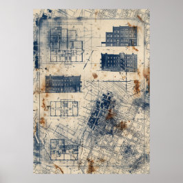 Kunstprint van vintage stadsgebouw blauwdruk poster