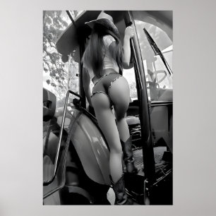 Kunstprint vintage feminisme vrouw op tractor, zwa poster