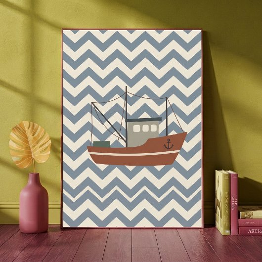 Kunstprint Visboot Chevron Blauwe Jongens Nursery Poster