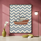 Kunstprint Visboot Chevron Blauwe Jongens Nursery Poster