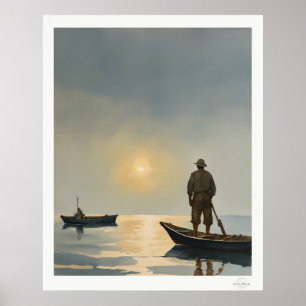 Kunstprint Visser bij het ochtendgloren, Mistige h Poster