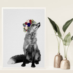 Kunstprint Vos Zwart Wit Bloemen Kroon Poster