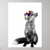 Kunstprint Vos Zwart Wit Bloemen Kroon Poster (Voorkant)