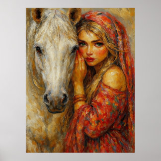 Kunstprint Vrouw met Witte Paard Poster