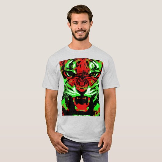 Kunstrood en groen tijgergezicht schilderen t-shirt (Voorkant volledig)