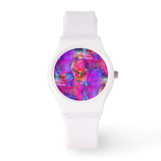 Kunstroze, blauwe, rode textuurachtergrond horloge (Voorkant)