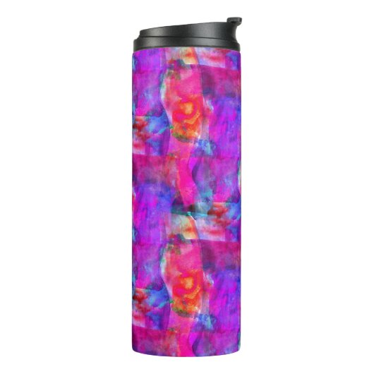 Kunstroze, blauwe, rode textuurachtergrond thermosbeker (Gedraaid links)