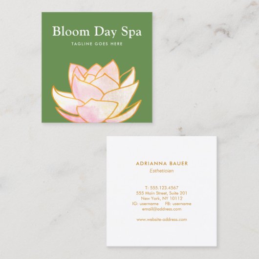 Kunstroze Waterverf Lotus Flower Floral Green Vierkante Visitekaartje (Voorkant / Achterkant)