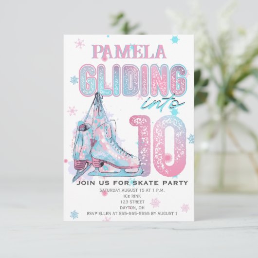 Kunstschaatsen 10e verjaardag Party uitnodiging (Staand voorkant)