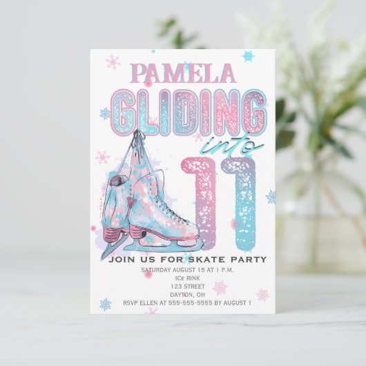 Kunstschaatsen 11e verjaardag Party uitnodiging (Staand voorkant)