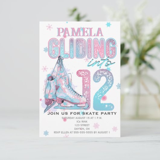 Kunstschaatsen 12e verjaardag Party uitnodiging (Staand voorkant)