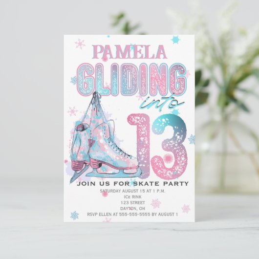 Kunstschaatsen 13e verjaardag Party uitnodiging (Staand voorkant)