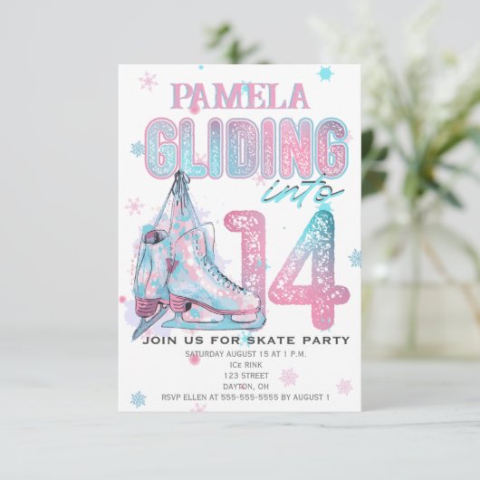 Kunstschaatsen 14e verjaardag Party uitnodiging (Staand voorkant)