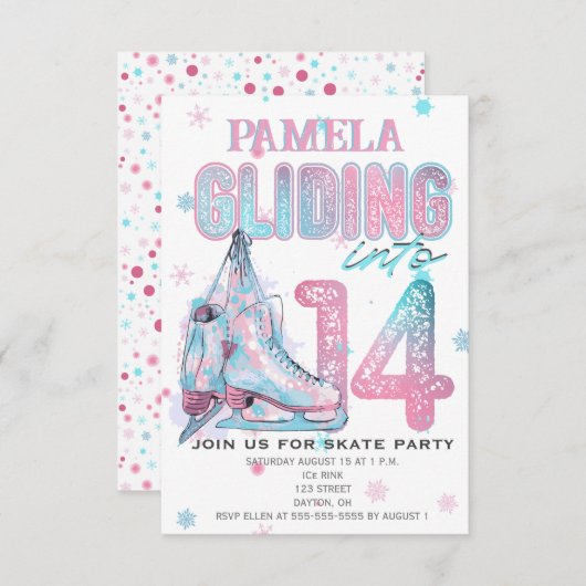 Kunstschaatsen 14e verjaardag Party uitnodiging (Voorkant / Achterkant)