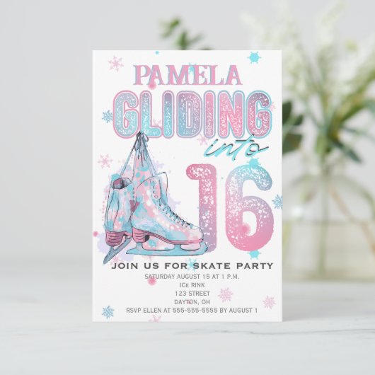 Kunstschaatsen 16e verjaardag Party uitnodiging (Staand voorkant)
