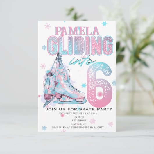 Kunstschaatsen 6e Verjaardagsfeestuitnodiging Kaart (Staand voorkant)