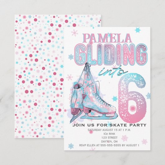 Kunstschaatsen 6e Verjaardagsfeestuitnodiging Kaart (Voorkant / Achterkant)