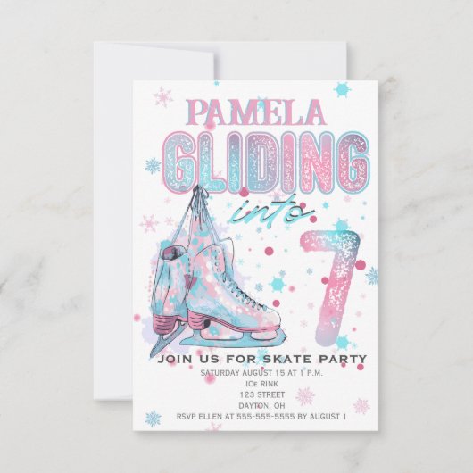 Kunstschaatsen 7e Verjaardagsfeestuitnodiging Kaart (Voorkant)