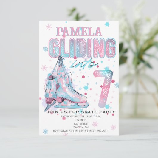 Kunstschaatsen 7e Verjaardagsfeestuitnodiging Kaart (Staand voorkant)