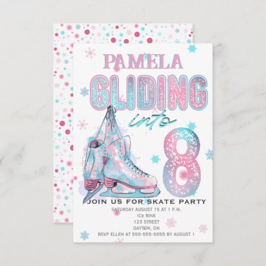 Kunstschaatsen 8e verjaardag Party uitnodiging (Voorkant / Achterkant)