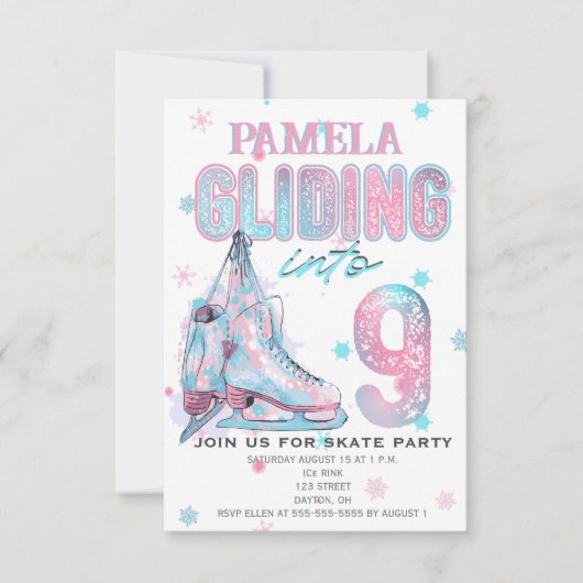 Kunstschaatsen 9e Verjaardagsfeestuitnodiging Kaart (Voorkant)