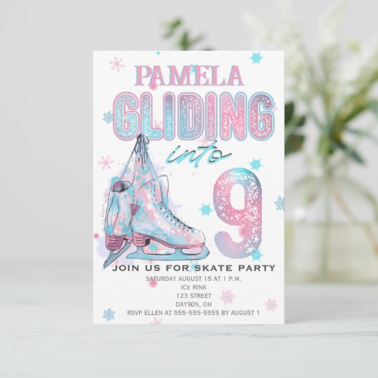 Kunstschaatsen 9e Verjaardagsfeestuitnodiging Kaart (Staand voorkant)