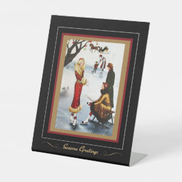 Kunstschaatsen Art Deco Kerstmis Dames Reclamebord Met Voetstuk