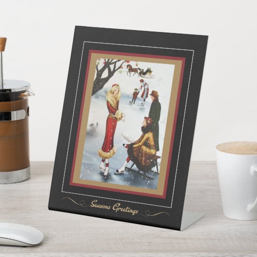 Kunstschaatsen Art Deco Kerstmis Dames Reclamebord Met Voetstuk (Insitu)