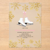 Kunstschaatsen Roze Gouden Sneeuwvlok Verjaardag Acryl Uitnodigingen (Voorkant)