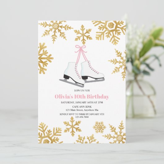 Kunstschaatsen Roze Gouden Sneeuwvlok Verjaardag Kaart (Staand voorkant)