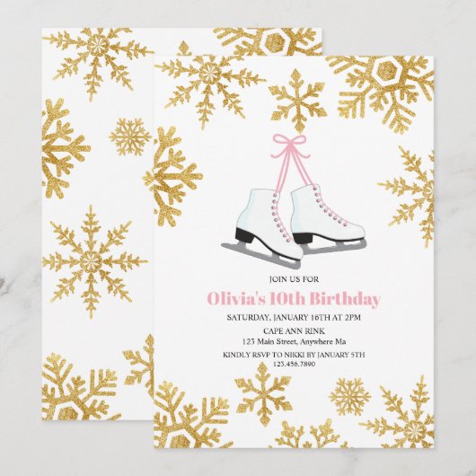 Kunstschaatsen Roze Gouden Sneeuwvlok Verjaardag Kaart (Voorkant / Achterkant)
